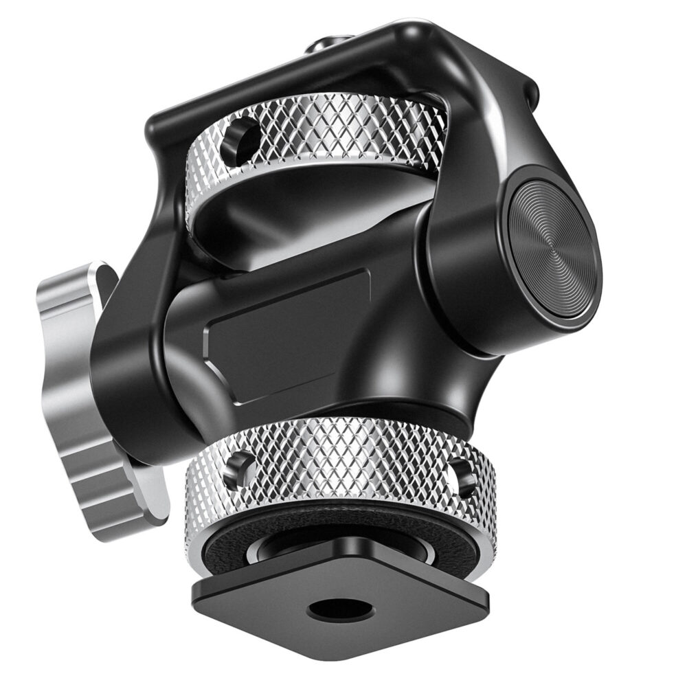Leofoto FM-04 monitorhouder onderaanzicht met metalen flitsschoenadapter voor montage in de hotshoe van een camera.