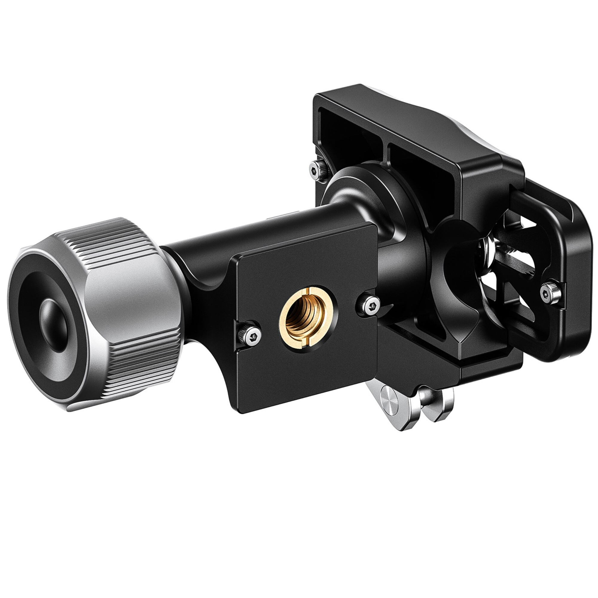 Leofoto MPG-01L 2-weg kantelkop onderaanzicht met 3/8-inch statiefaansluiting en Arca-Swiss klemhuis.