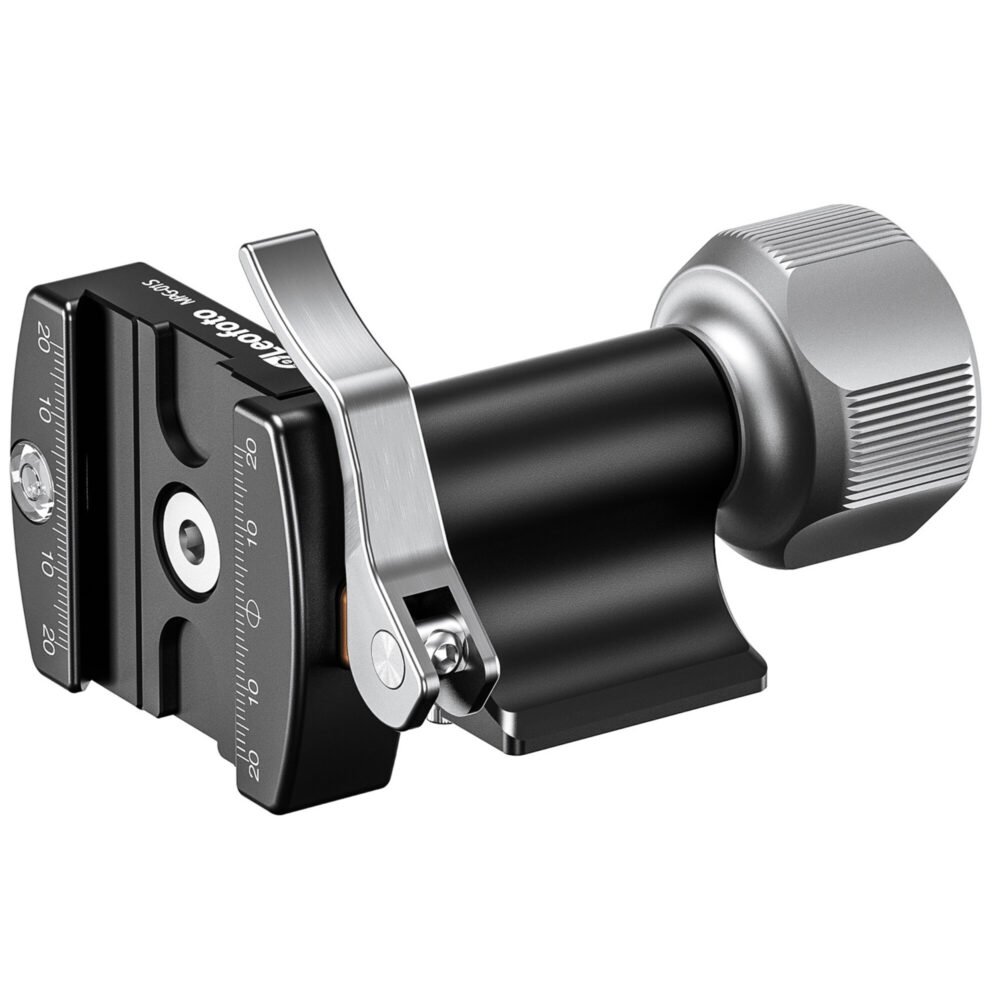 Leofoto MPG-01S 2-weg kantelkop perspectiefaanzicht met Arca-Swiss klem en compacte aluminium behuizing.