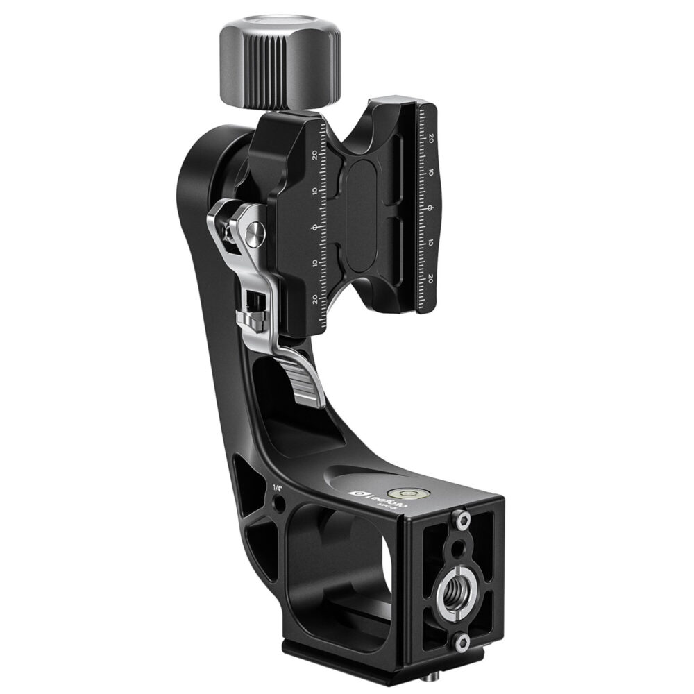 Leofoto MPG-02L 2-weg kantelkop frontaanzicht met Arca-Swiss snelklem in portretstand voor telelensmontage.