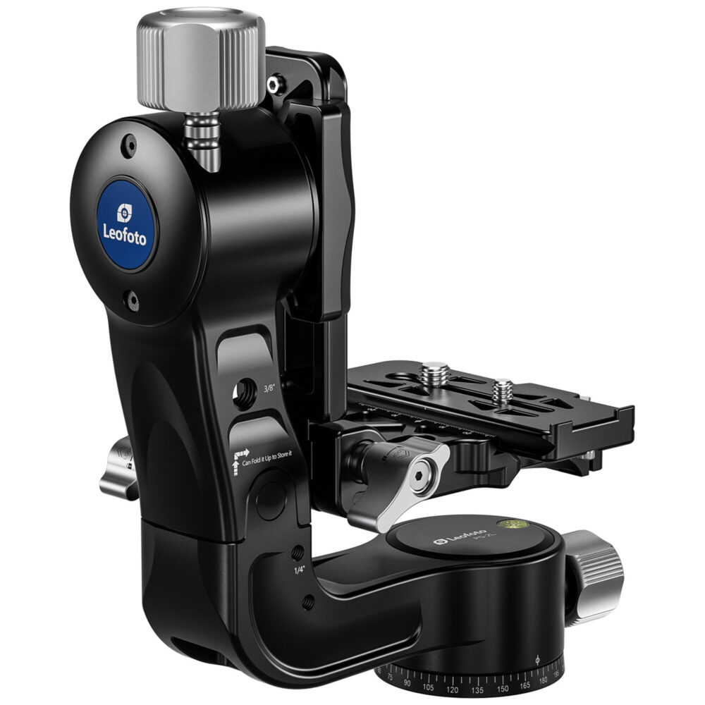Leofoto PG-2L 2-weg kantelkop close-up van basis met panoramaskala en waterpas.