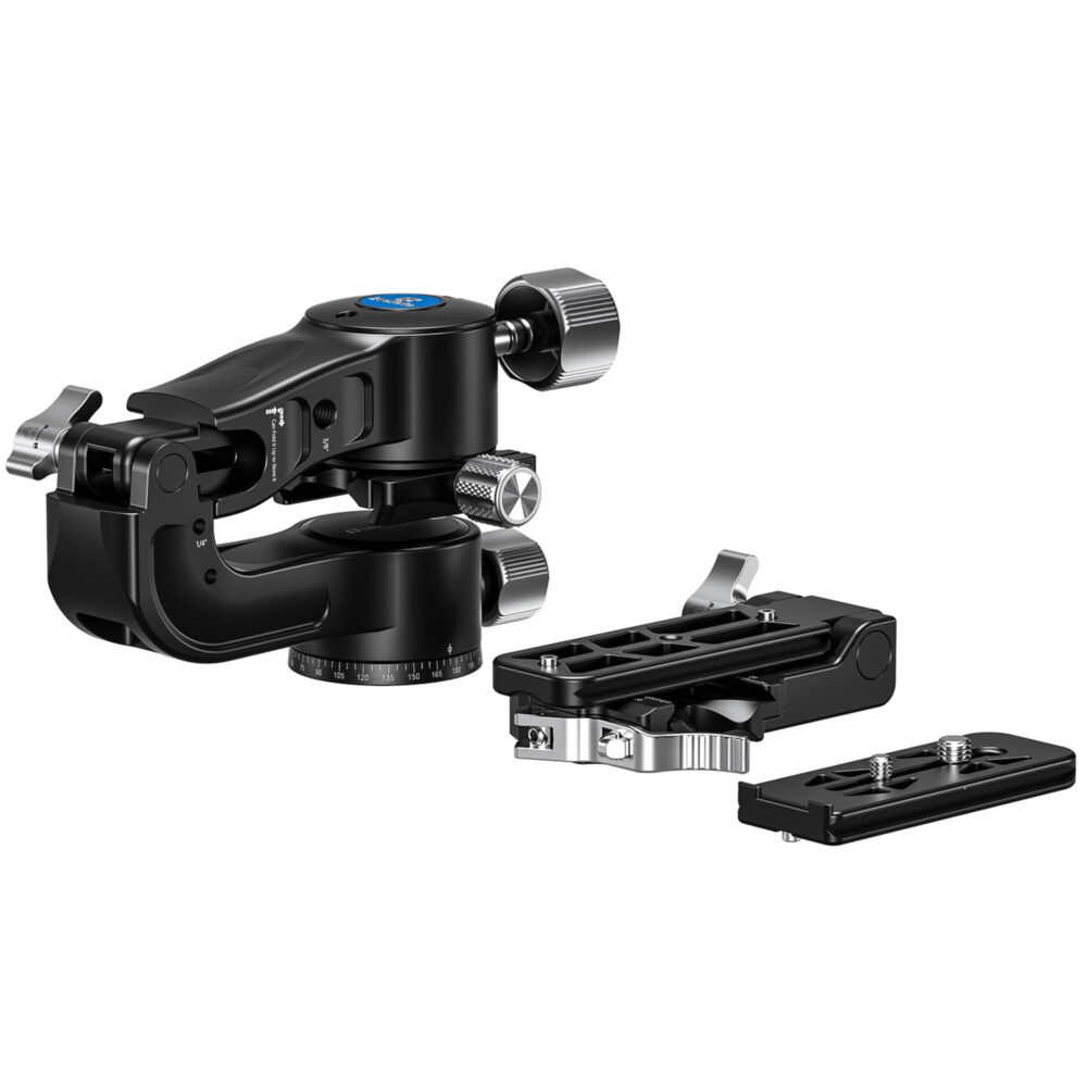 Leofoto PG-2L 2-weg kantelkop compleet systeem met losneembare snelkoppelingsplaat naast ingeklapte gimbal.
