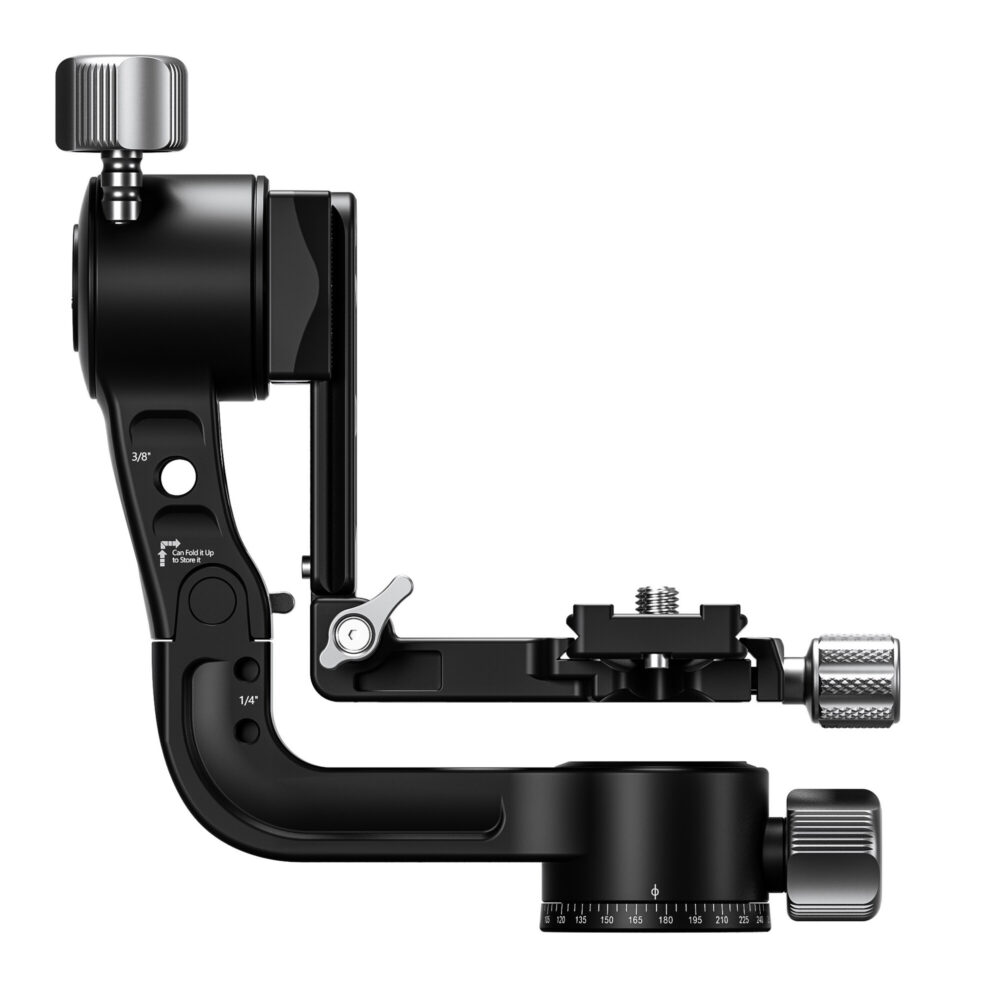 Leofoto PG-2S 2-weg kantelkop zijprofiel op donkere achtergrond met L-vormige arm en vergrendelknoppen.