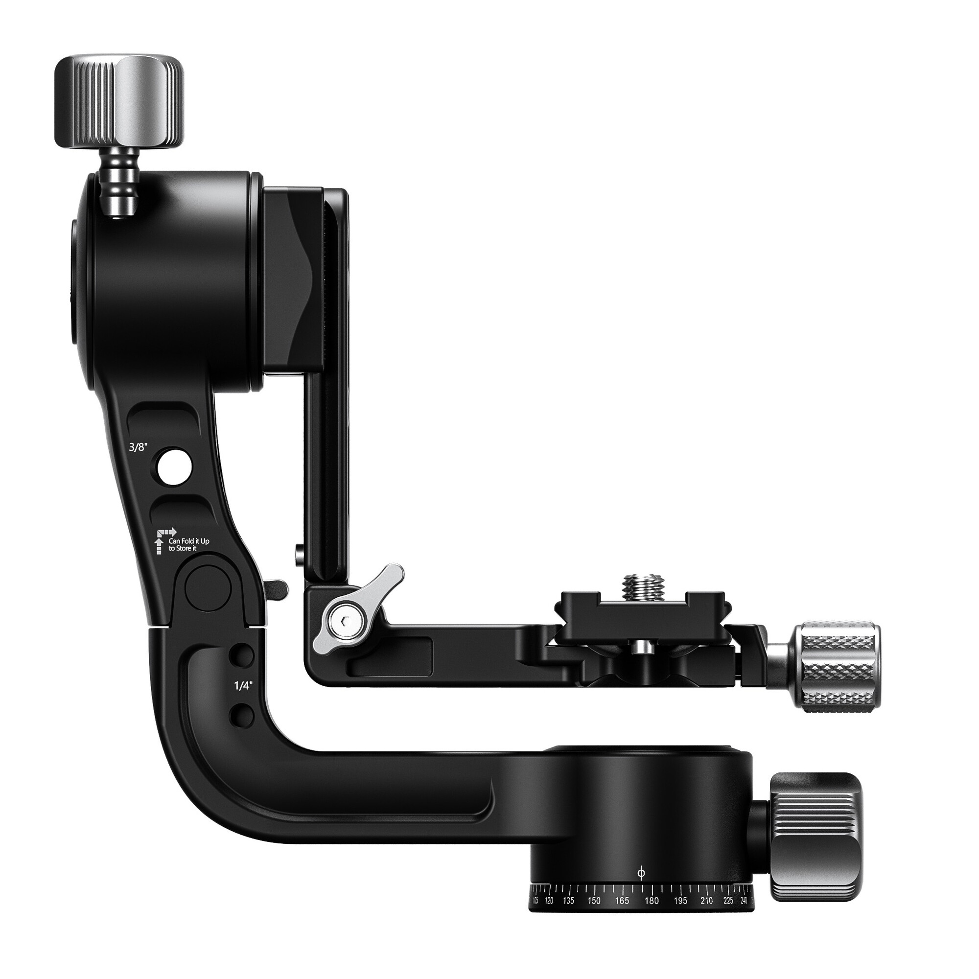 Leofoto PG-2S 2-weg kantelkop zijprofiel op donkere achtergrond met L-vormige arm en vergrendelknoppen.