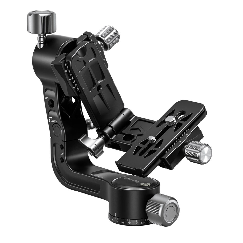 Leofoto PG-2S 2-weg kantelkop half ingeklapte positie die de compacte bouw en verstelbare basis toont.