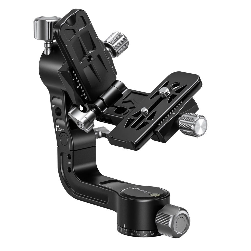 Leofoto PG-2S 2-weg kantelkop uit elkaar genomen met losse snelkoppelingsplaat en basis voor transport.