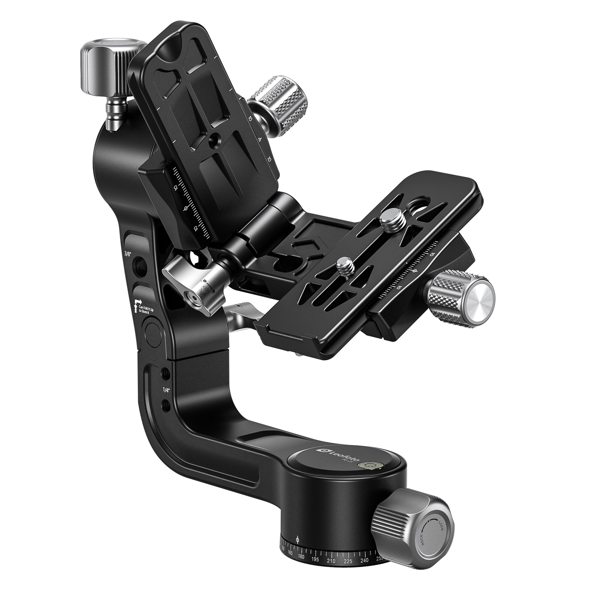 Leofoto PG-2S 2-weg kantelkop uit elkaar genomen met losse snelkoppelingsplaat en basis voor transport.