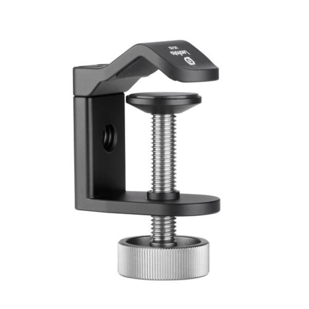 Leofoto UC-02 buisklem zijaanzicht met ver opengeschroefde klem en haakvormige bovenkaak voor bevestiging aan randen.