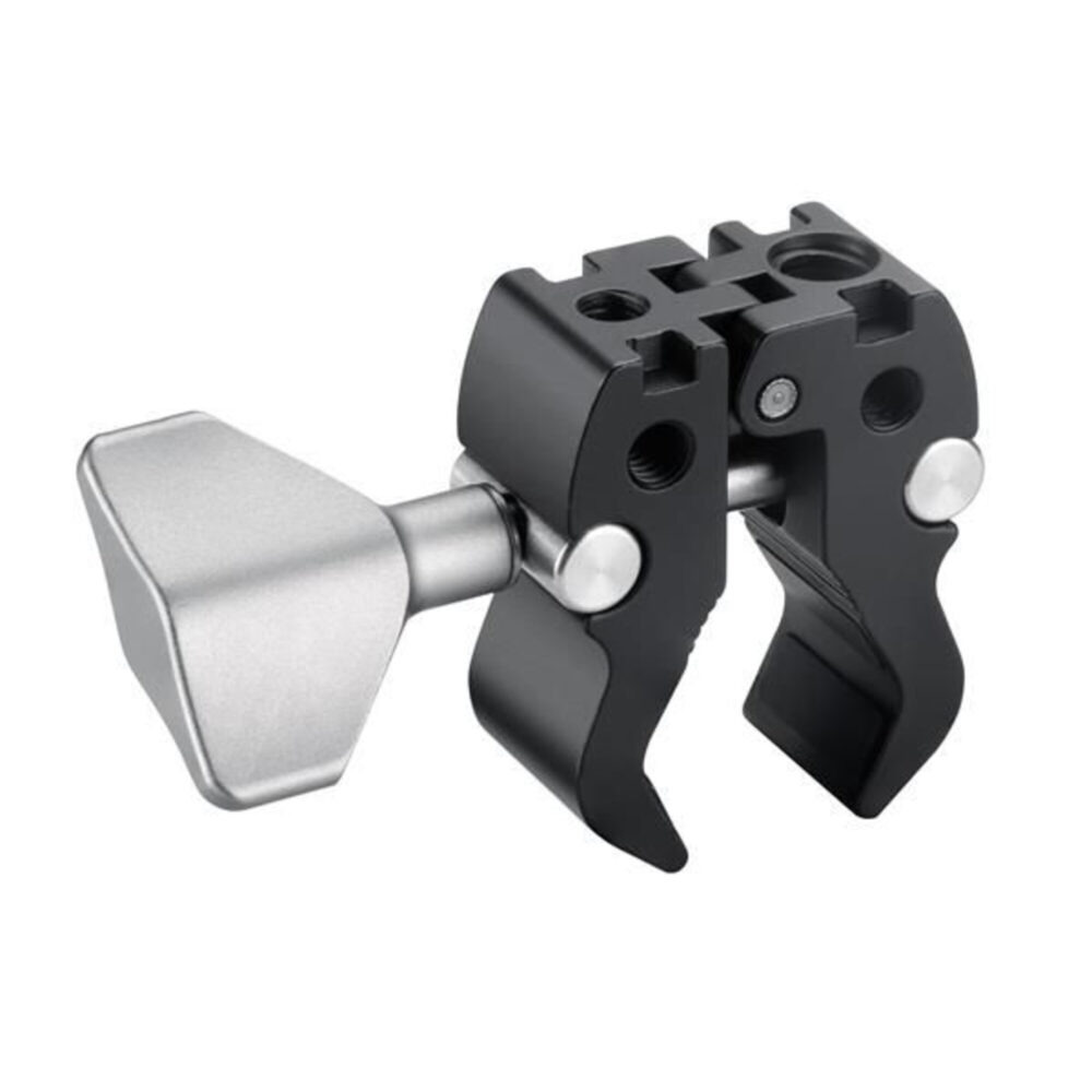 Leofoto MC-40 klem bovenaanzicht van zwarte statiefklem met antislipbekken en meerdere 1/4- en 3/8-inch schroefgaten voor accessoires.