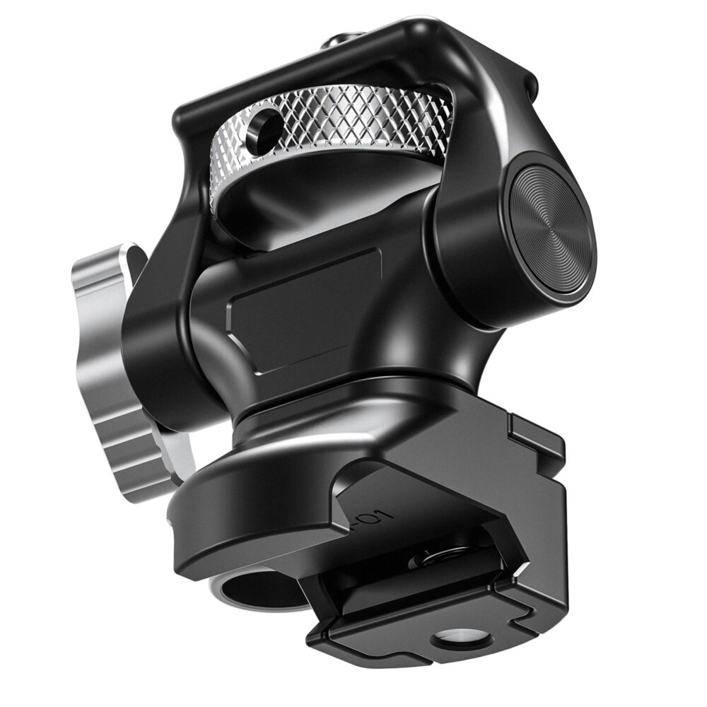 Leofoto FM-01 monitorhouder zijaanzicht met knurling klemring en vaste kooi‑klem onderzijde.