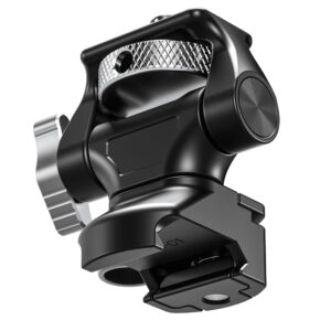 Leofoto FM-01 monitorhouder zijaanzicht met knurling klemring en vaste kooi‑klem onderzijde.