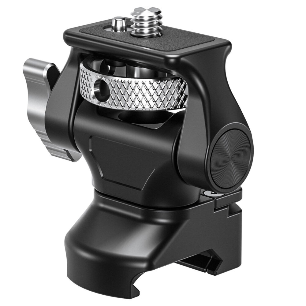 Leofoto FM-01 monitorhouder schuin vooraanzicht met 6061‑T6 aluminium body en instelbare neigklem.