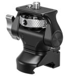 Leofoto FM-01 monitorhouder schuin vooraanzicht met 6061‑T6 aluminium body en instelbare neigklem.