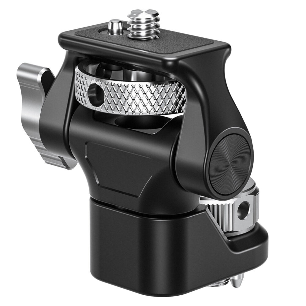 Leofoto FM-02 monitorhouder zijaanzicht met knurling klemring en stevige aluminium behuizing.