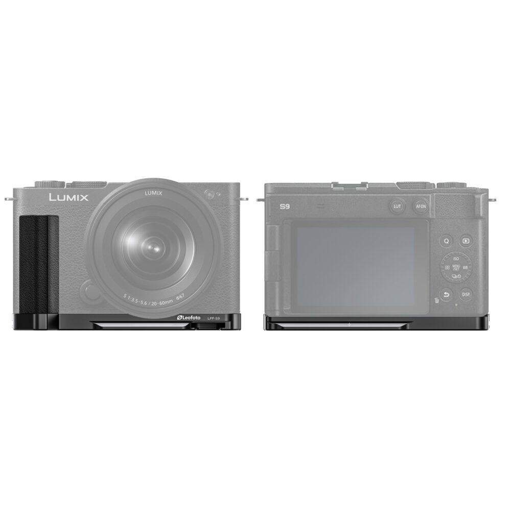 Leofoto LPP-S9 handgreep illustratie van Fujifilm Lumix S9 camera voor- en achterzijde met gemonteerd gripstuk.