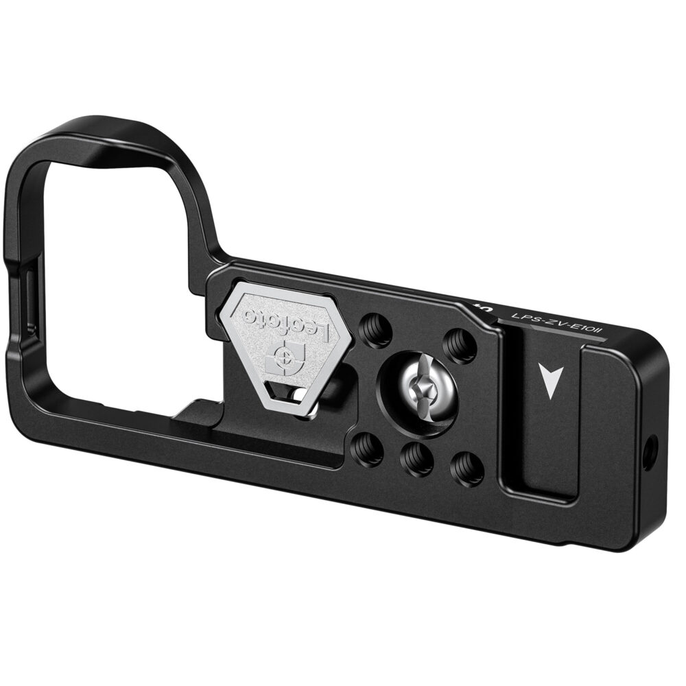 Leofoto LPS-ZV-E10II handgreep perspectiefaanzicht met zichtbare anti-twist-flens en meerdere bevestigingspunten.