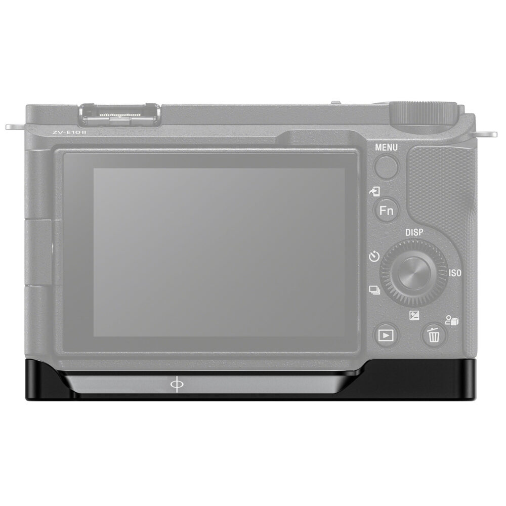 Leofoto LPS-ZV-E10II handgreep gemonteerd onder een Sony ZV-E10 II camera achteraanzicht met lcd-scherm en bedieningsknoppen.
