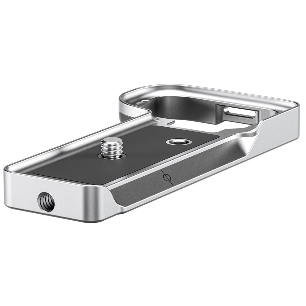 Leofoto LPS-ZV-E10II handgreep zilver bovenaanzicht van grip met centrale cameraschroef en Arca-Swiss groeven.
