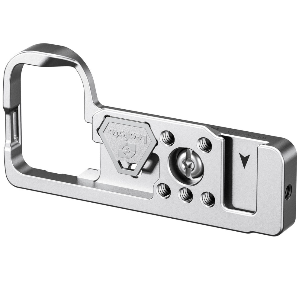 Leofoto LPS-ZV-E10II handgreep zilver L-vormig deel met anti-twist-flens en meerdere bevestigingsopeningen.