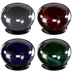 Leofoto CHG-01 knop set blauwe, rode, groene en carbonlook knoppen op zwarte achtergrond.