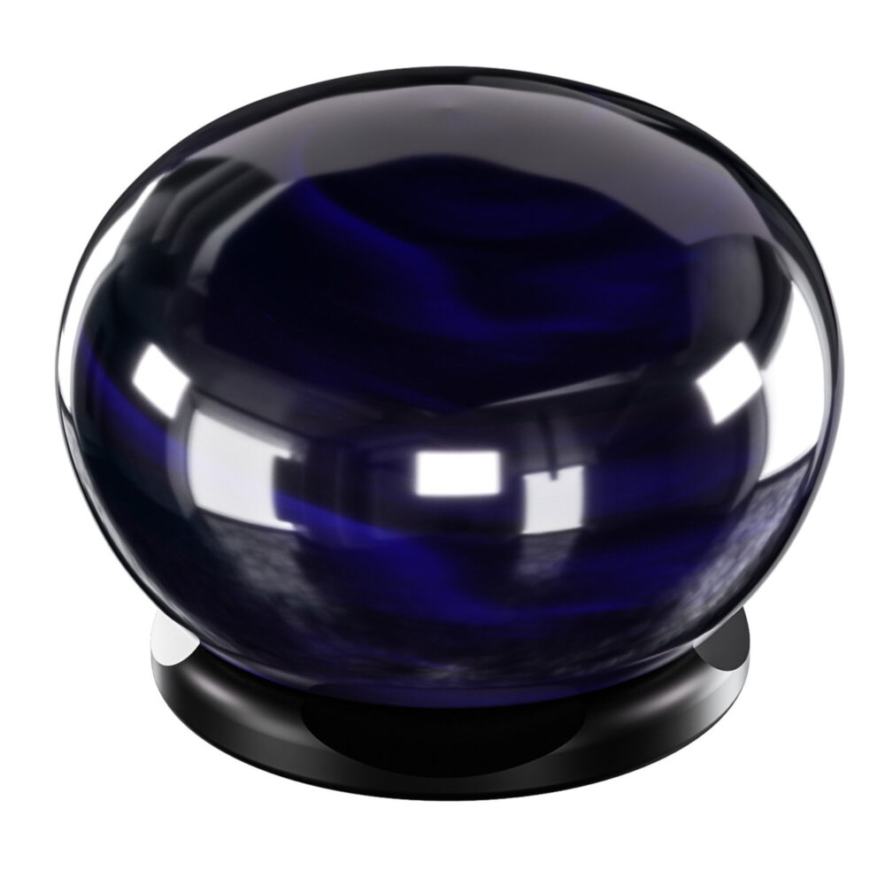 Leofoto CHG-01 knop blauwe bolknop detailaanzicht met reflecties op glad oppervlak.