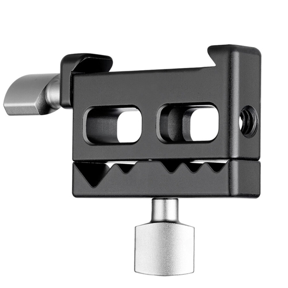 Leofoto DA-1 kabelklem bovenaanzicht met vijf openingen voor kabelgeleiding en gekartelde grip voor stevige vergrendeling.