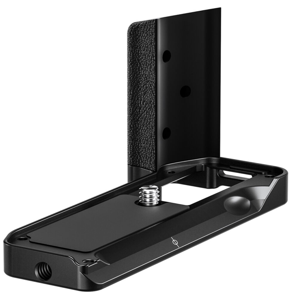 Leofoto LPF-X-M5 handgreep close-up van bodemplaat met 1/4-inch schroef en verticale gripsteun.
