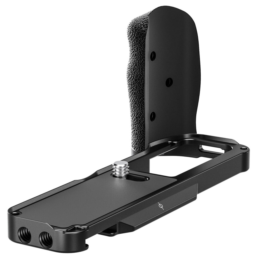 Leofoto LPF-X100VI handgreep bovenaanzicht van lange Arca-Swiss bodemplaat met 1/4-inch schroef en verticale grip.