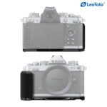 Leofoto handgreep voor Nikon Z fc weergave van gemonteerde greep op silhouet van Nikon Z fc camera, voor- en achteraanzicht.