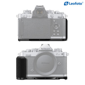 Leofoto handgreep voor Nikon Z fc weergave van gemonteerde greep op silhouet van Nikon Z fc camera, voor- en achteraanzicht.