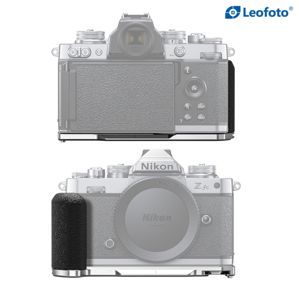 Leofoto handgreep voor Nikon Z fc (zilver) weergave van gemonteerde greep op silhouet van Nikon Z fc camera voor- en achteraanzicht.