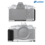 Leofoto handgreep voor Nikon Z fc (zilver) weergave van gemonteerde greep op silhouet van Nikon Z fc camera voor- en achteraanzicht.