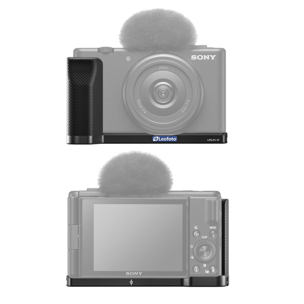 Leofoto ZV-1F handgreep voorbeeldtoepassing gemonteerd onder een Sony ZV-1F camera, voor- en achteraanzicht in silhouet.