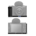 Leofoto ZV-1F handgreep voorbeeldtoepassing gemonteerd onder een Sony ZV-1F camera, voor- en achteraanzicht in silhouet.