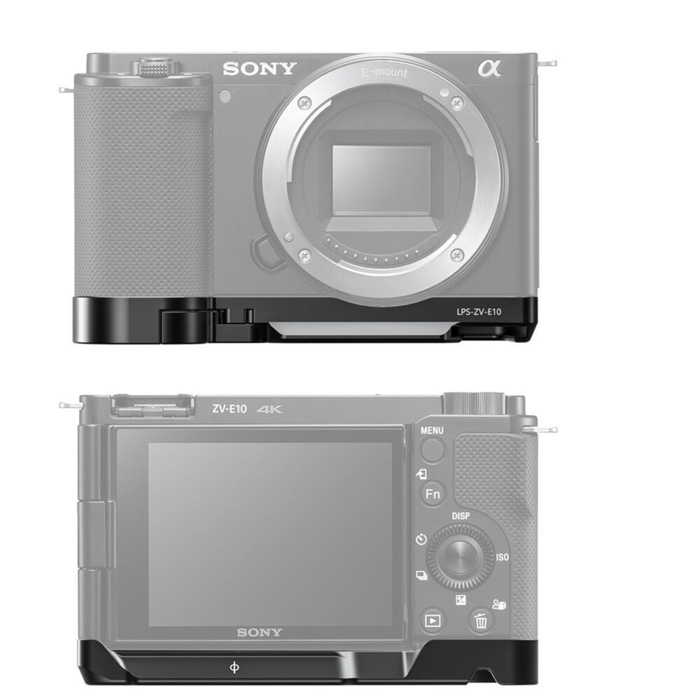 Leofoto ZV-E10 handgreep gemonteerd onder een Sony ZV-E10 camera als voorbeeldtoepassing met extra grip.
