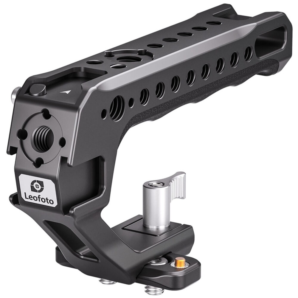 Leofoto AH-2-1 cameracage close-up zijaanzicht van top-handle op railbasis met Leofoto logo en meerdere schroefgaten.
