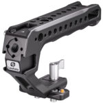 Leofoto AH-2-1 cameracage close-up zijaanzicht van top-handle op railbasis met Leofoto logo en meerdere schroefgaten.