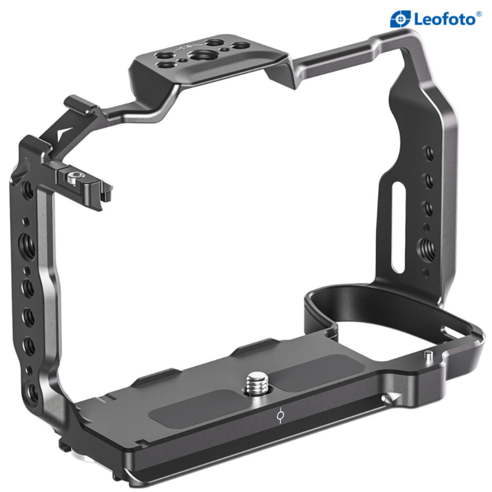 Leofoto LPF-X-H2 cameracage zijaanzicht met open rechterzijde en diverse 1/4-inch schroefgaten.