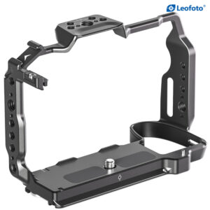 Leofoto LPF-X-H2 cameracage zijaanzicht met open rechterzijde en diverse 1/4-inch schroefgaten.
