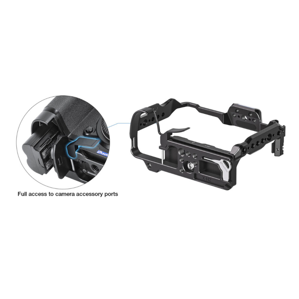 Leofoto LPF-X-H2 cameracage detailweergave van vergrendelingsschroef en anti-twist pin aan de onderzijde.