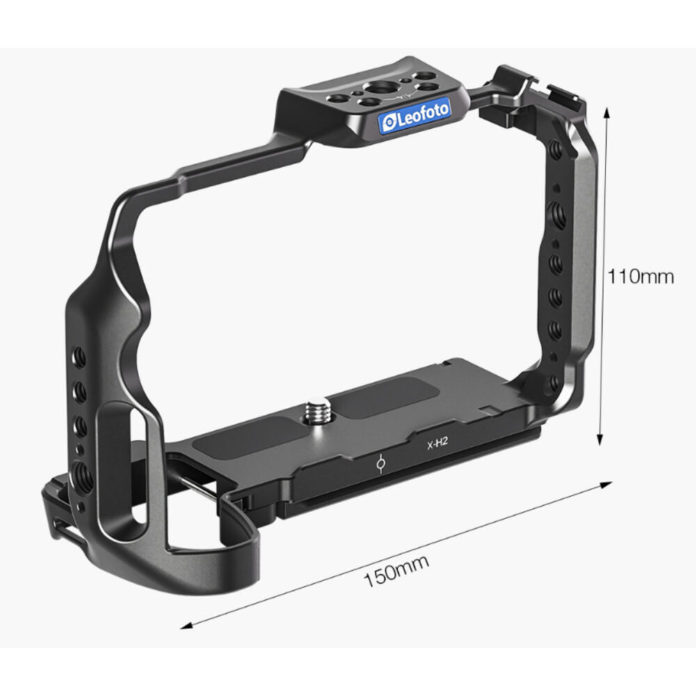 Leofoto LPF-X-H2 cameracage met technische tekening waarop hoogte en breedte in centimeters zijn aangegeven.