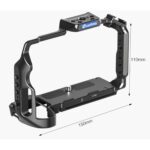 Leofoto LPF-X-H2 cameracage met technische tekening waarop hoogte en breedte in centimeters zijn aangegeven.
