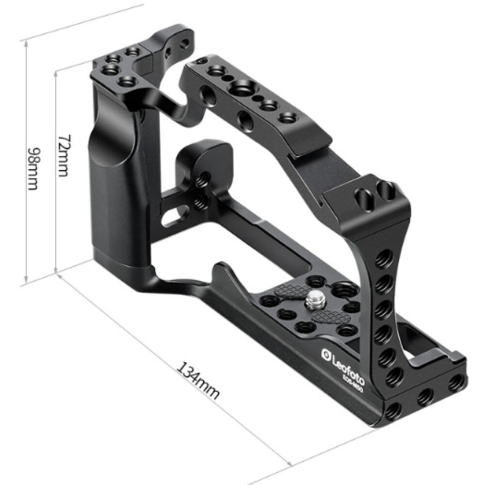 Leofoto EOS M50 cameracage technische tekening met aangegeven hoogte, breedte en bevestigingspunten.