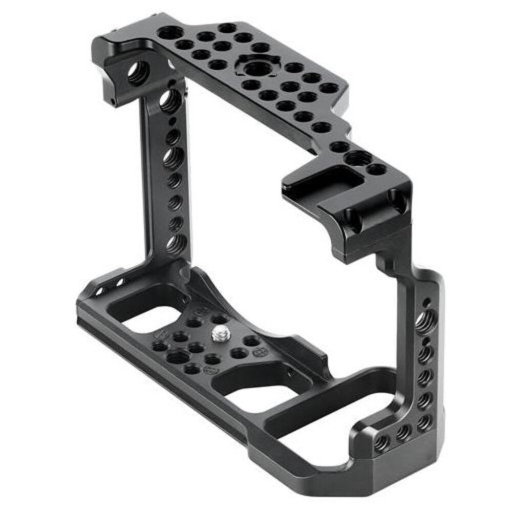 Leofoto Z6/Z7 cameracage zijaanzicht met bovenplaat vol 1/4-inch en 3/8-inch schroefgaten voor accessoires.