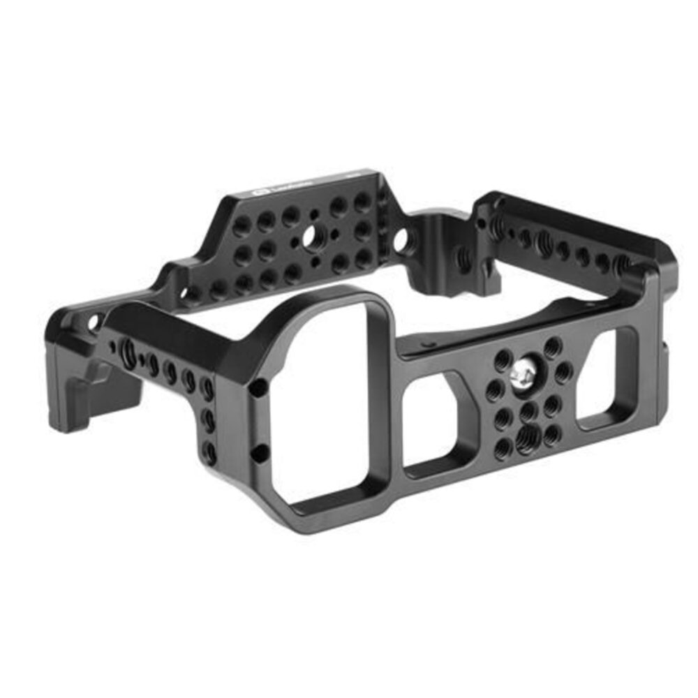 Leofoto Z6/Z7 cameracage boven- en zijaanzicht van lege cage met uitsparing voor cameragreep en open poortenzijde.
