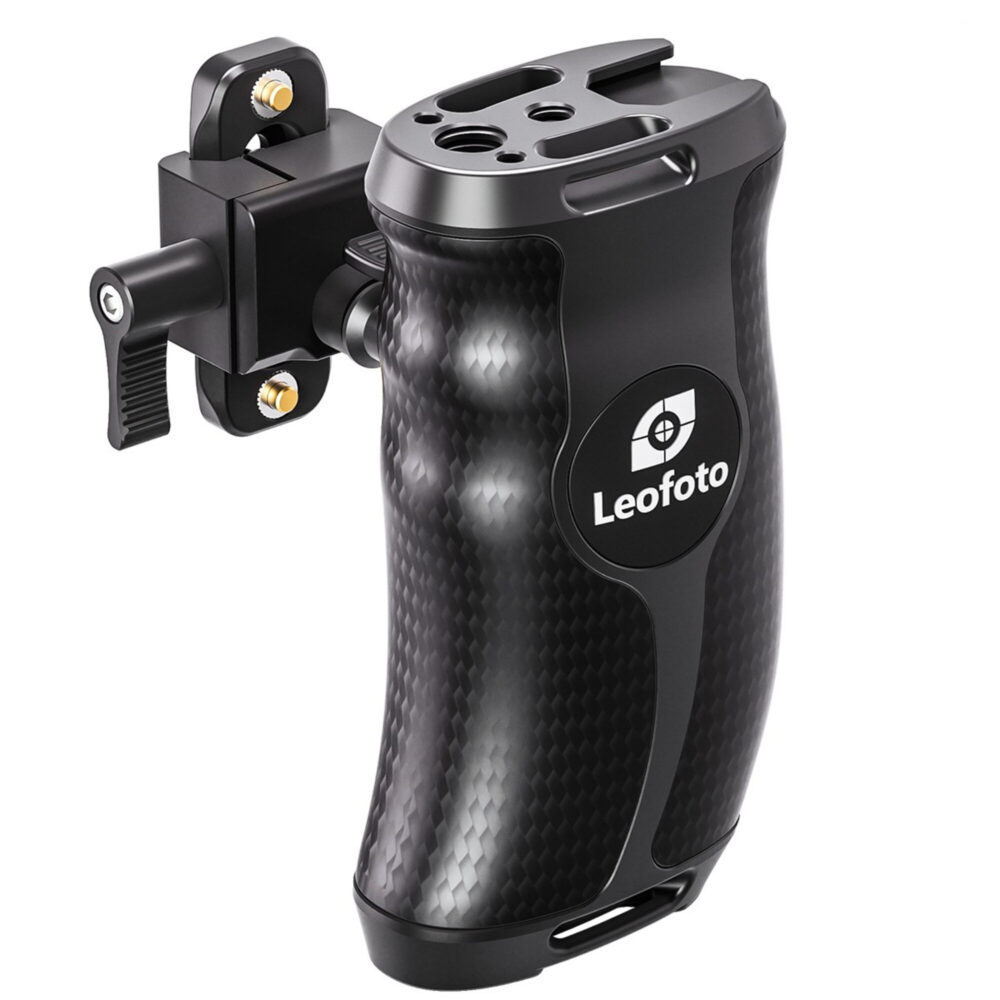 Leofoto CH-5L cameracage linkerhandgreep met grafische pijlweergave van 360 graden verstelbaarheid.