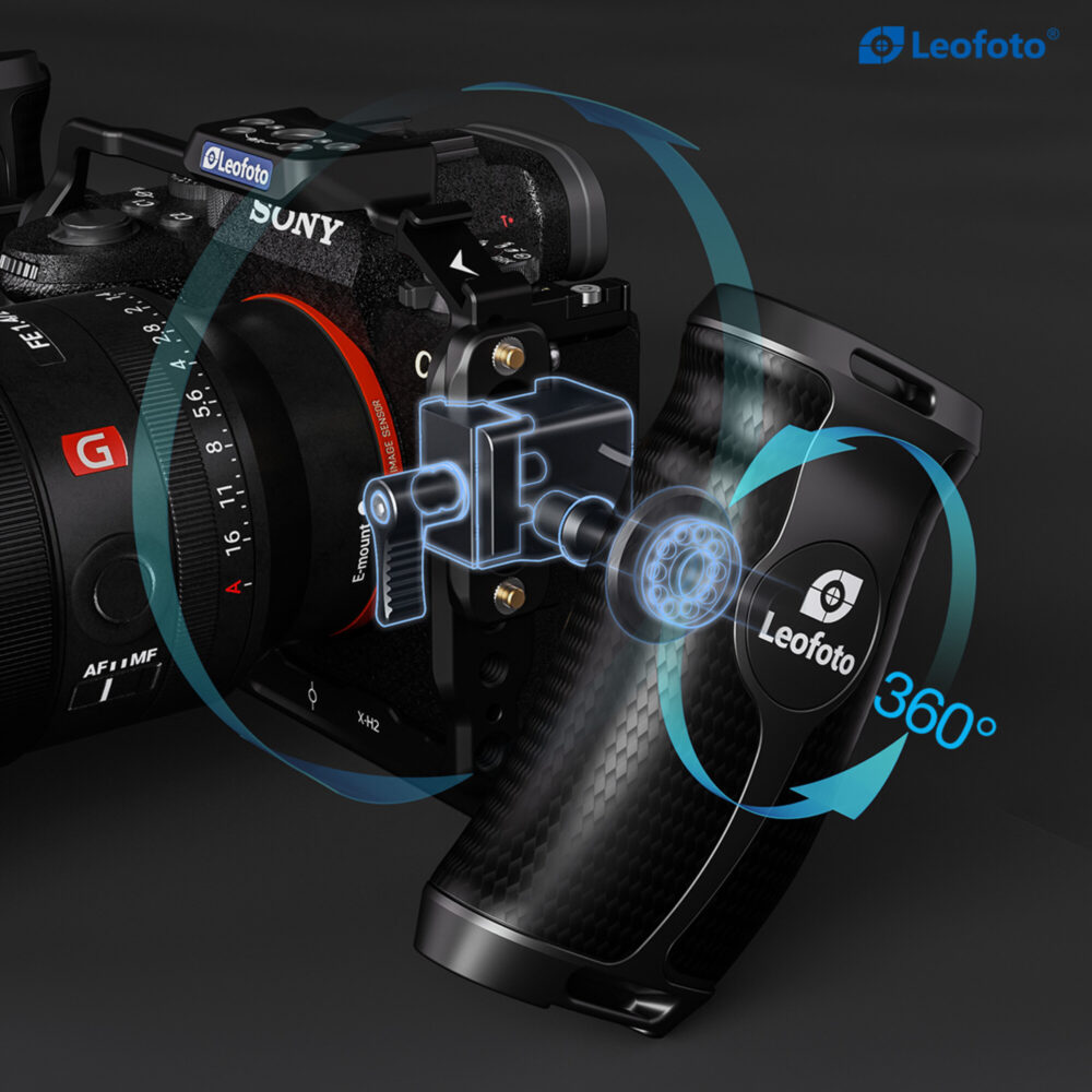 Leofoto CH-5L cameracage visualisatie van draaibeweging van de carbonhandgreep rond het scharnierpunt.