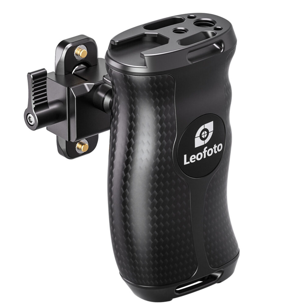 Leofoto CH-5R cameracage handgreep rechts illustratie met blauwe rotatiecirkel rond het gewricht voor 360° verstelling.