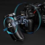 Leofoto CH-5R cameracage handgreep rechts close-up van Leofoto logo en ergonomische bolling van de grip.