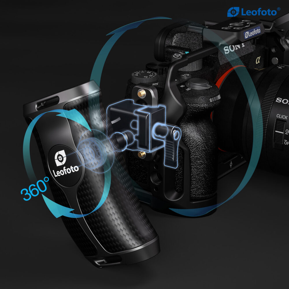 Leofoto CH-5R cameracage handgreep rechts gebruikt op complete camera rig met lens en bovenhandgreep als voorbeeldopstelling.